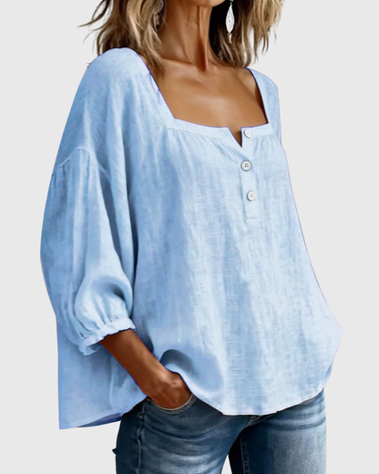 Arianne | Blouse pour femme à col carré, manches 3/4 bouffantes et boutonnage