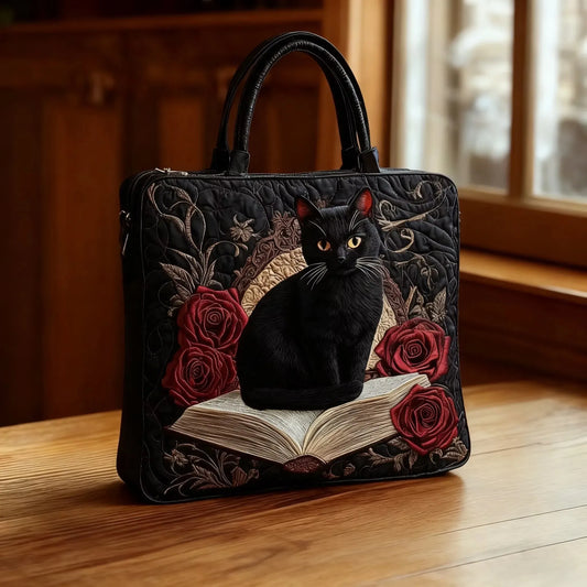 Sac artisanal matelassé – Chat noir sur des livres