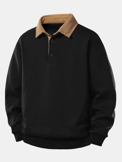 Sweat-shirt coupe décontractée pour homme à col polo en velours côtelé contrastant