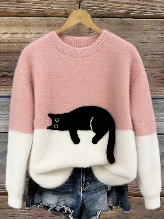 Pull col rond pour femme à motif chat