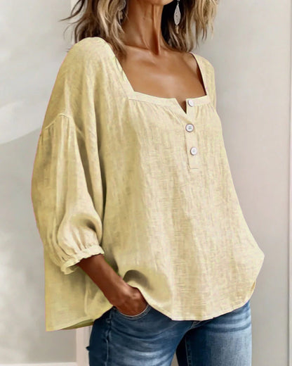 Arianne | Blouse pour femme à col carré, manches 3/4 bouffantes et boutonnage
