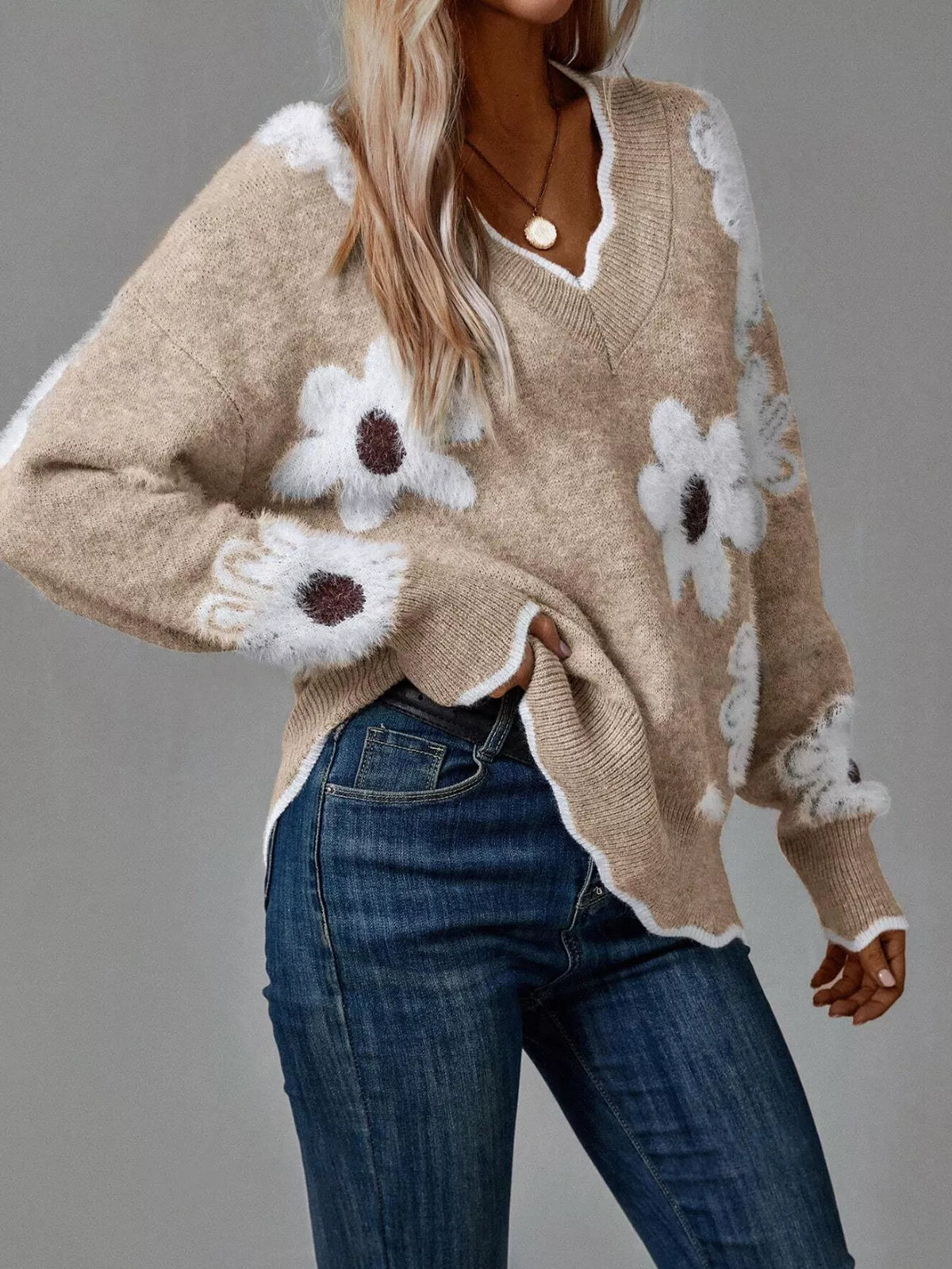 Pull à col en V et manches longues à motif floral pour femme