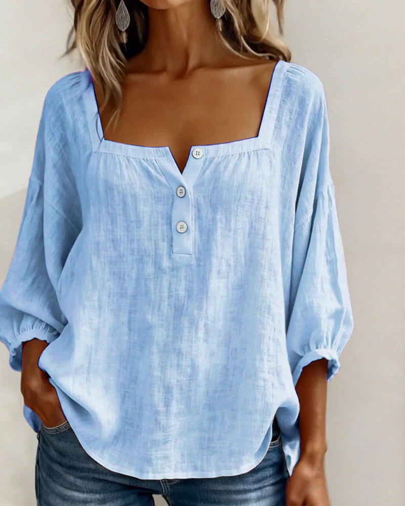 Arianne | Blouse pour femme à col carré, manches 3/4 bouffantes et boutonnage