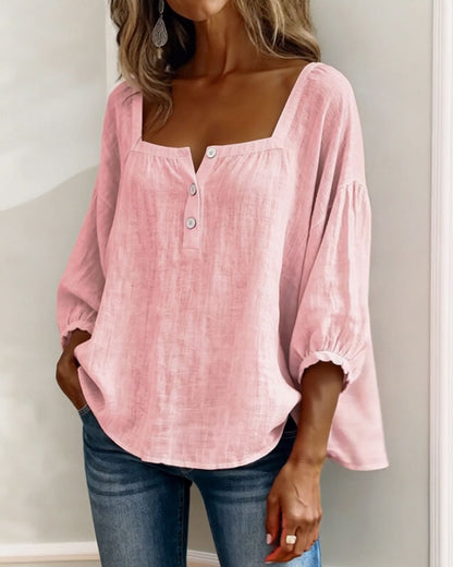 Arianne | Blouse pour femme à col carré, manches 3/4 bouffantes et boutonnage