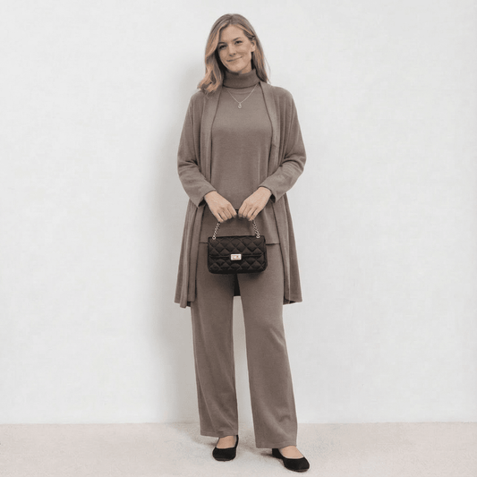 Barbara Cardigan Knit Top & Trousers Set | Refined Three-Piece Knit Co-Ord