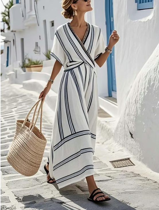 Elara | Robe longue portefeuille à rayures