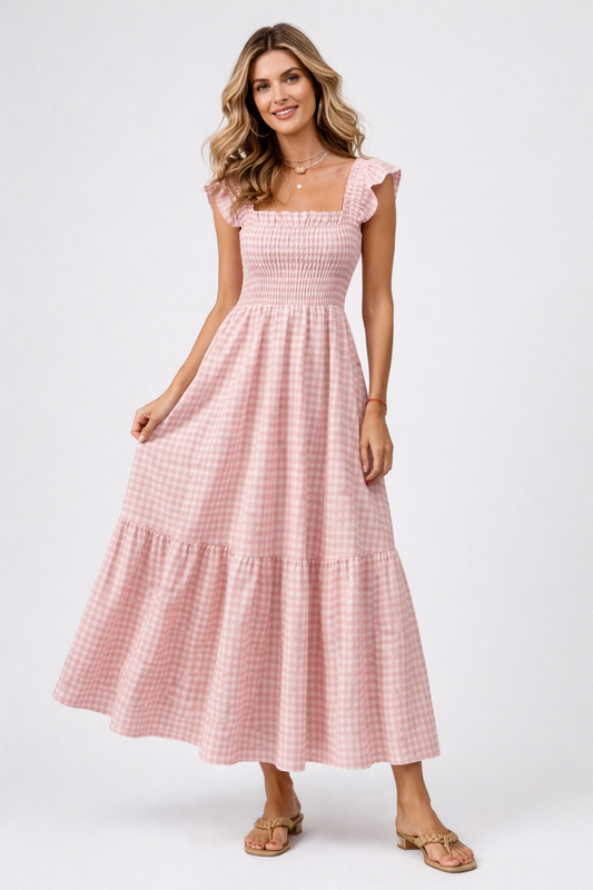 Lily | Robe longue smockée à carreaux Vichy