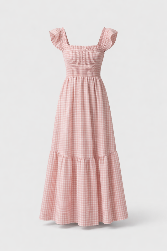 Lily | Robe longue smockée à carreaux Vichy