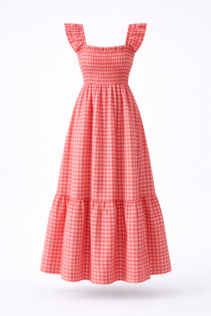 Lily | Robe longue smockée à carreaux Vichy