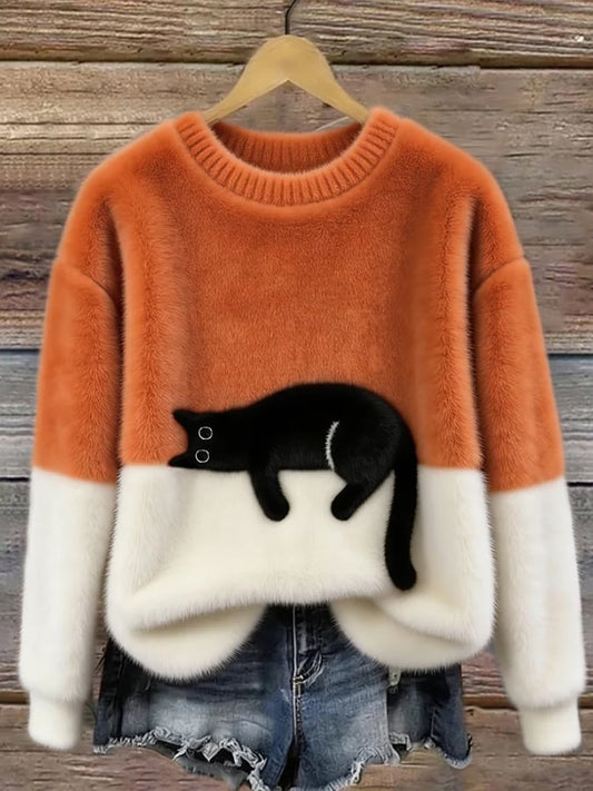 Pull col rond pour femme à motif chat