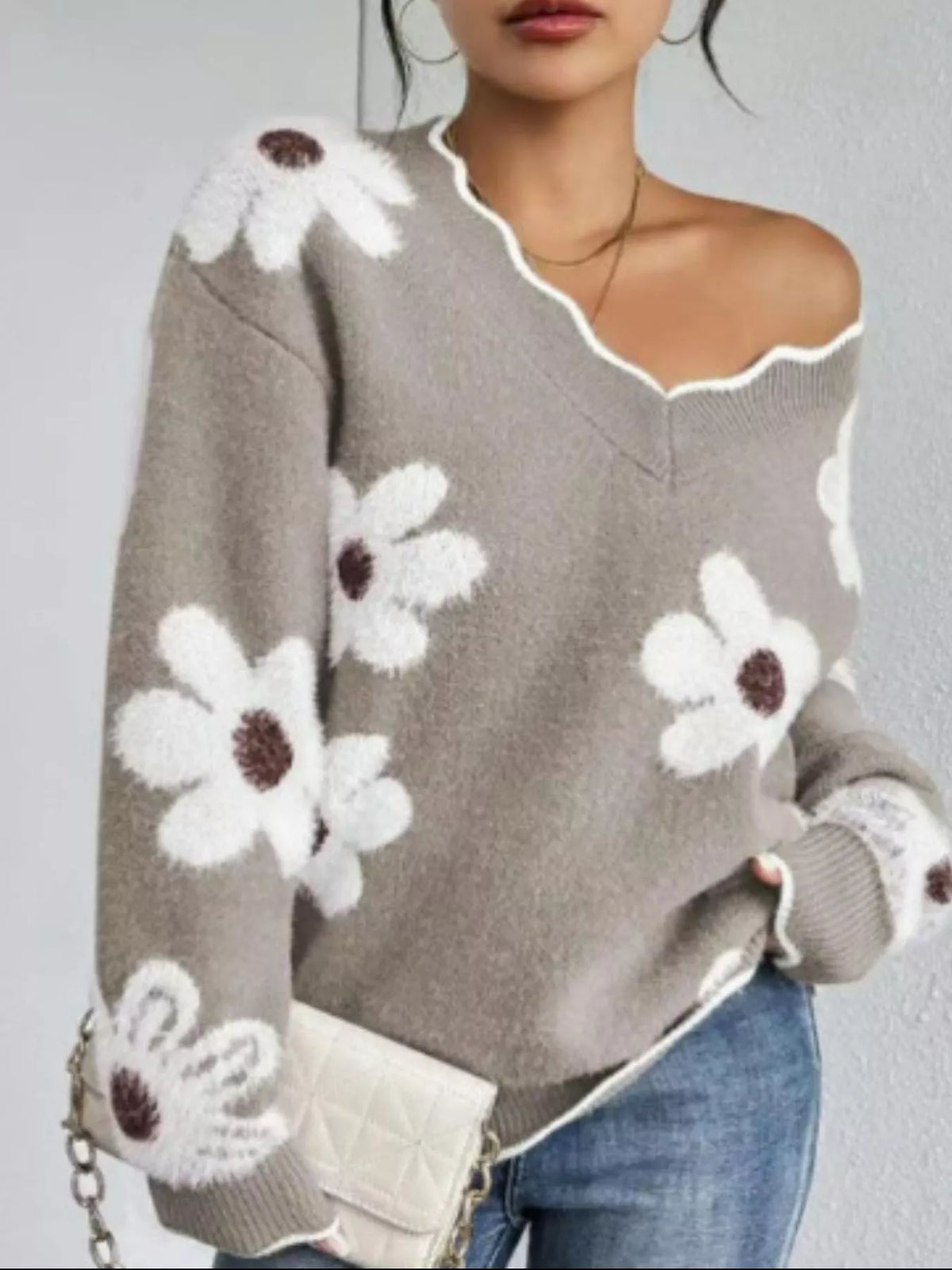 Pull à col en V et manches longues à motif floral pour femme