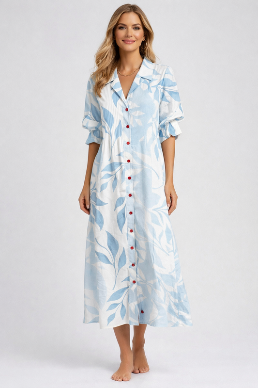 Elena | Robe midi florale boutonnée, à manches longues