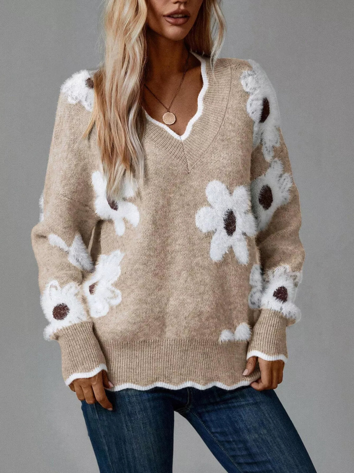 Pull à col en V et manches longues à motif floral pour femme