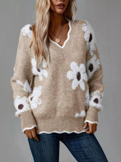 Pull à col en V et manches longues à motif floral pour femme