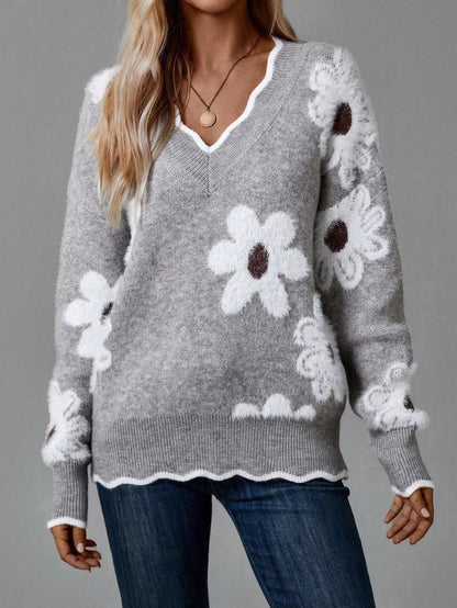 Pull à col en V et manches longues à motif floral pour femme