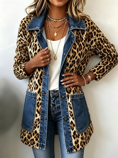 Fablenne™ | Veste longue avec empiècements en denim à imprimé léopard