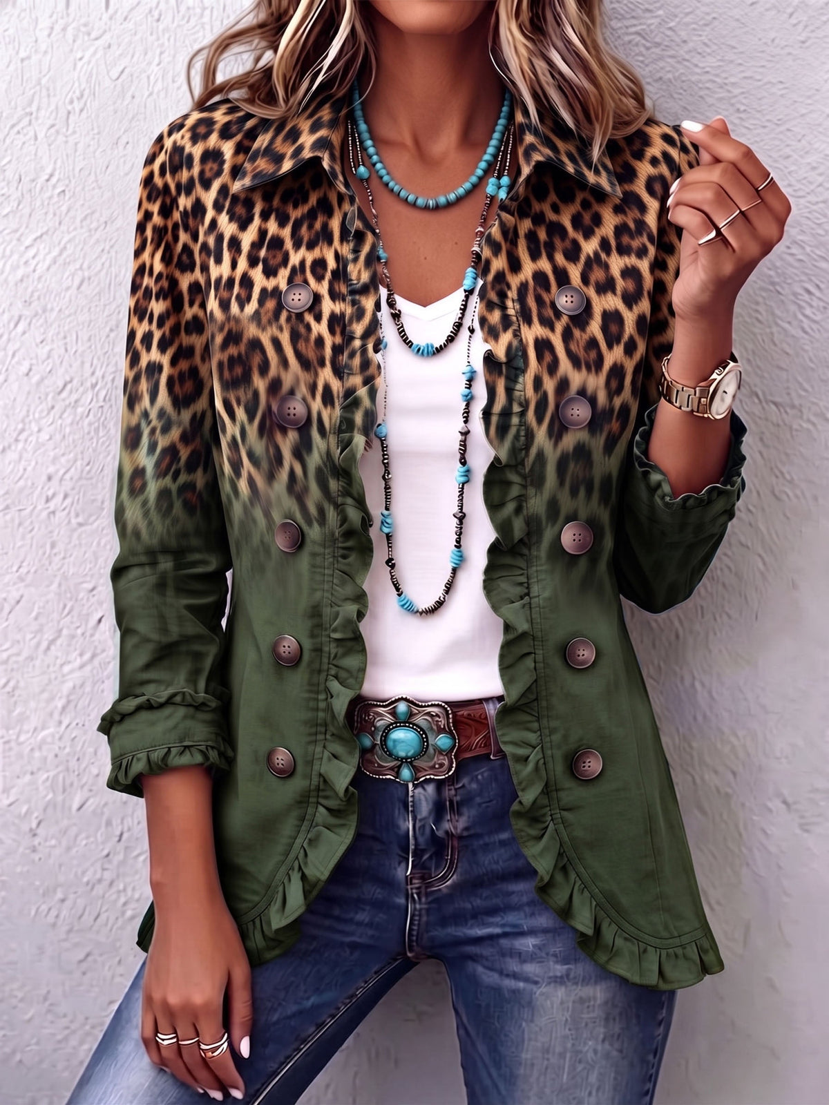Veste blazer à volants Elspeth™ à dégradé léopard