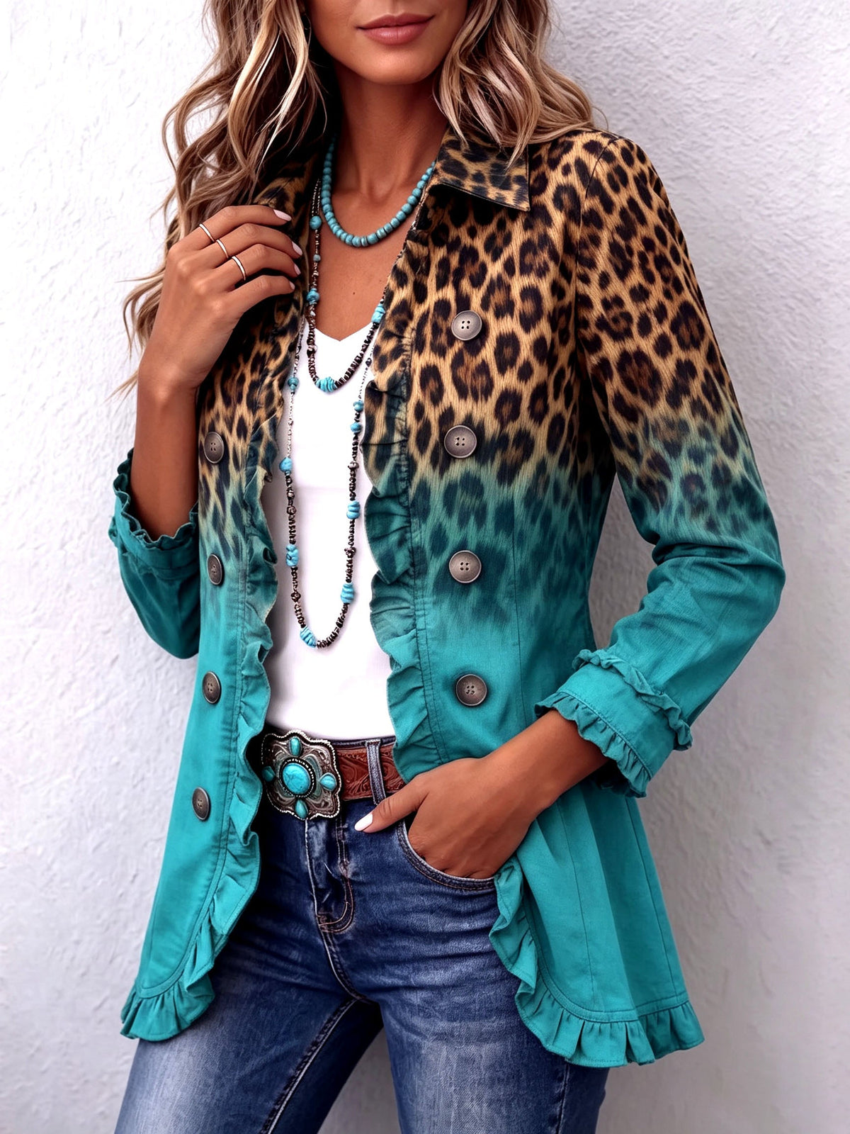 Veste blazer à volants Elspeth™ à dégradé léopard