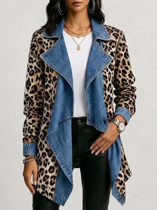 Sherilyn™ | Veste mi-longue à imprimé léopard et empiècements en denim délavé