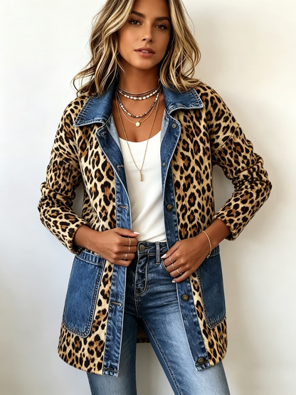 Fablenne™ | Veste longue avec empiècements en denim à imprimé léopard