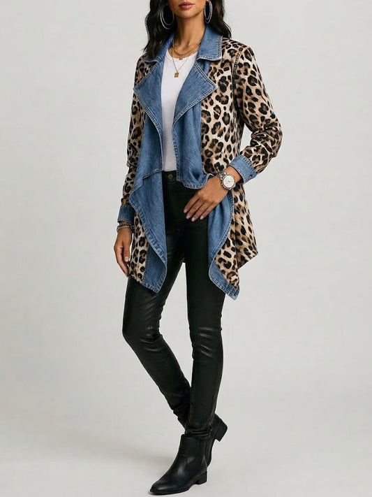 Sherilyn™ | Veste mi-longue à imprimé léopard et empiècements en denim délavé