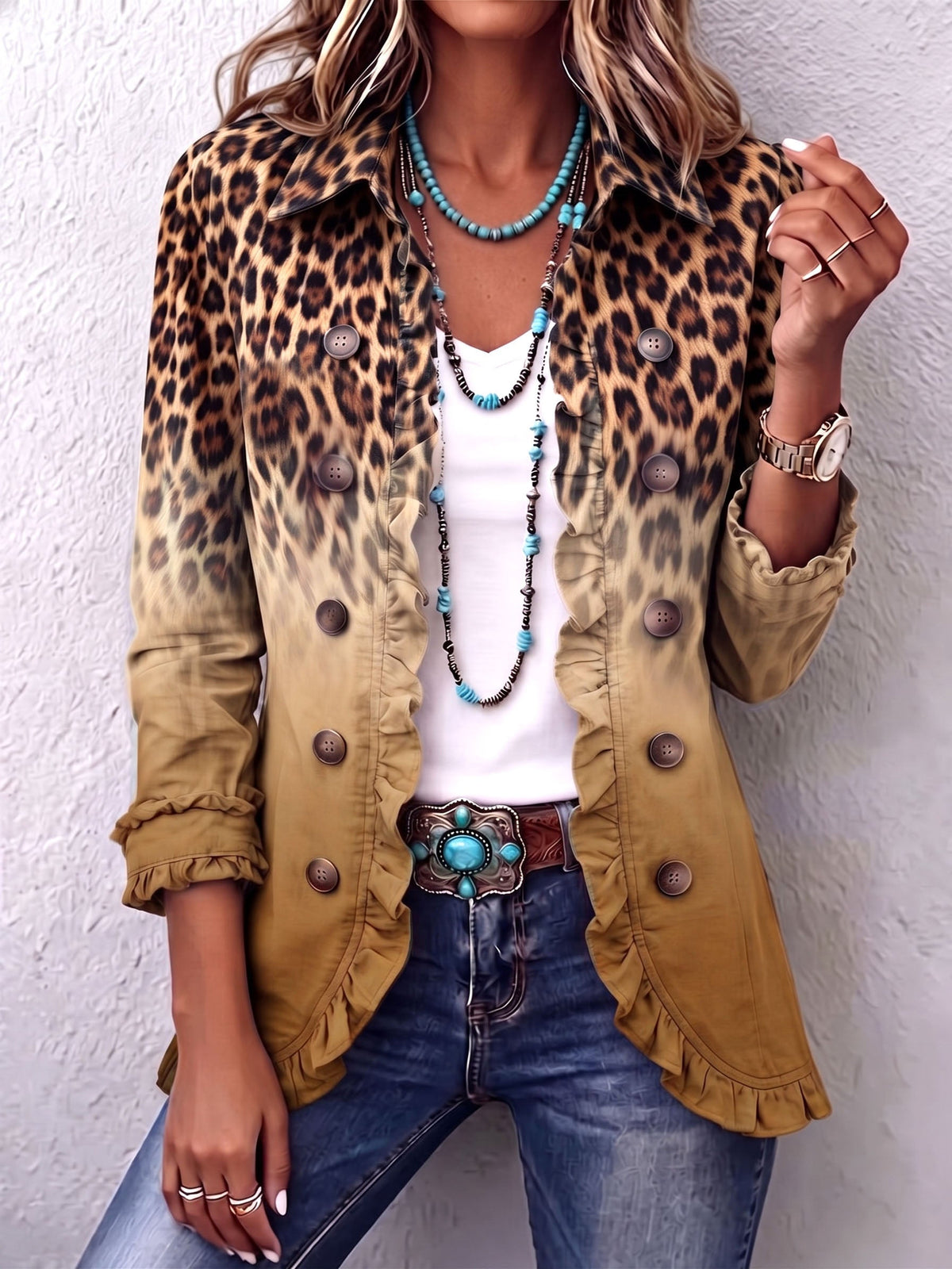 Veste blazer à volants Elspeth™ à dégradé léopard