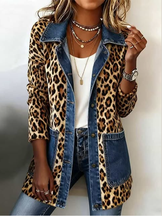 Fablenne™ | Veste longue avec empiècements en denim à imprimé léopard