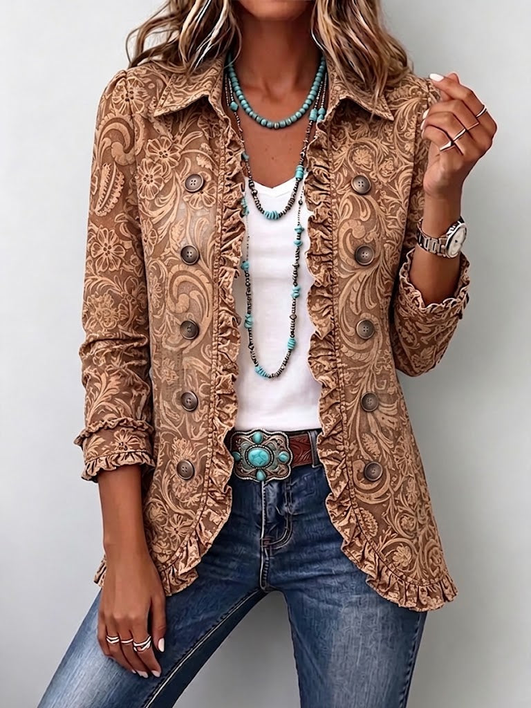 Vyclara™ | Veste à volants rétro bohème à motif floral