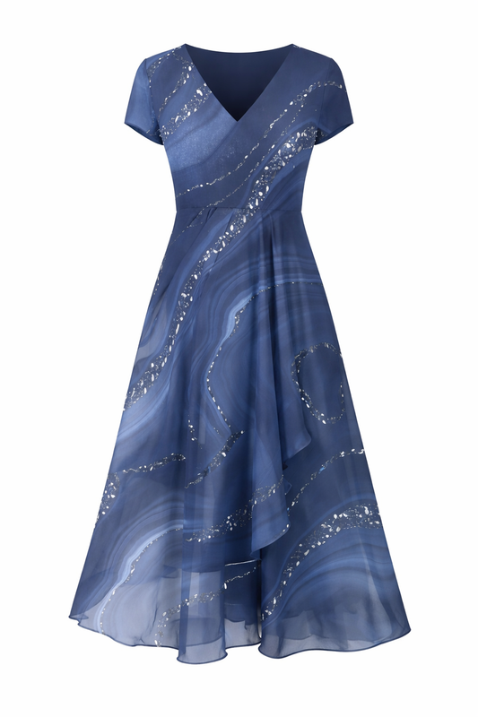Selena | Robe midi imprimée marbre à col en V