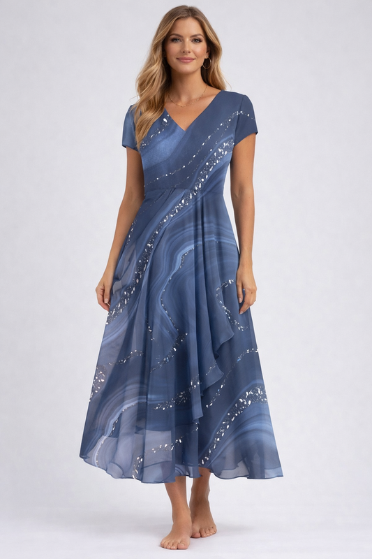 Selena | Robe midi imprimée marbre à col en V
